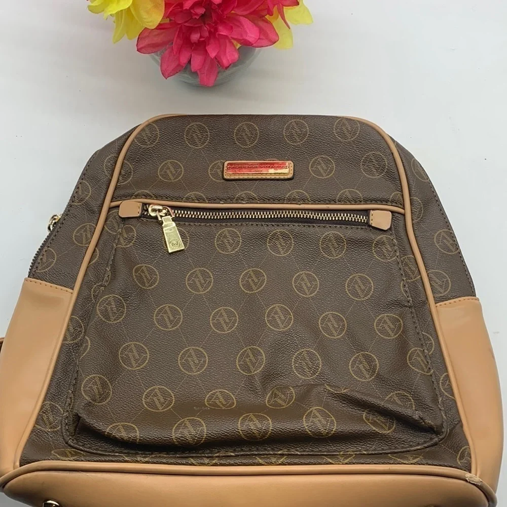 Adrienne Vittidini Brown Tan Logo Backpack. BRN1587B